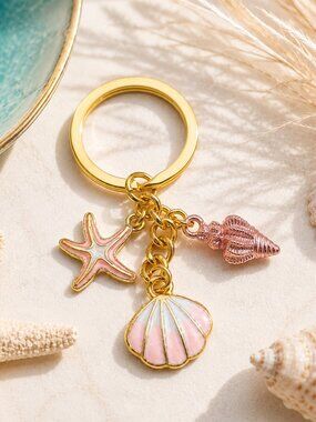 Gold Plated Ocean Bag Charm Keychain Pink Enamel Starfish Shell Coastal NEW